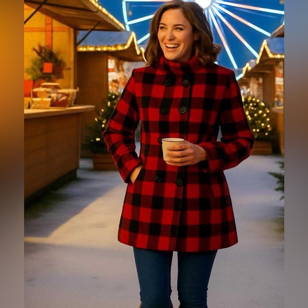 Plaid Red and Black Women's Pea Coat